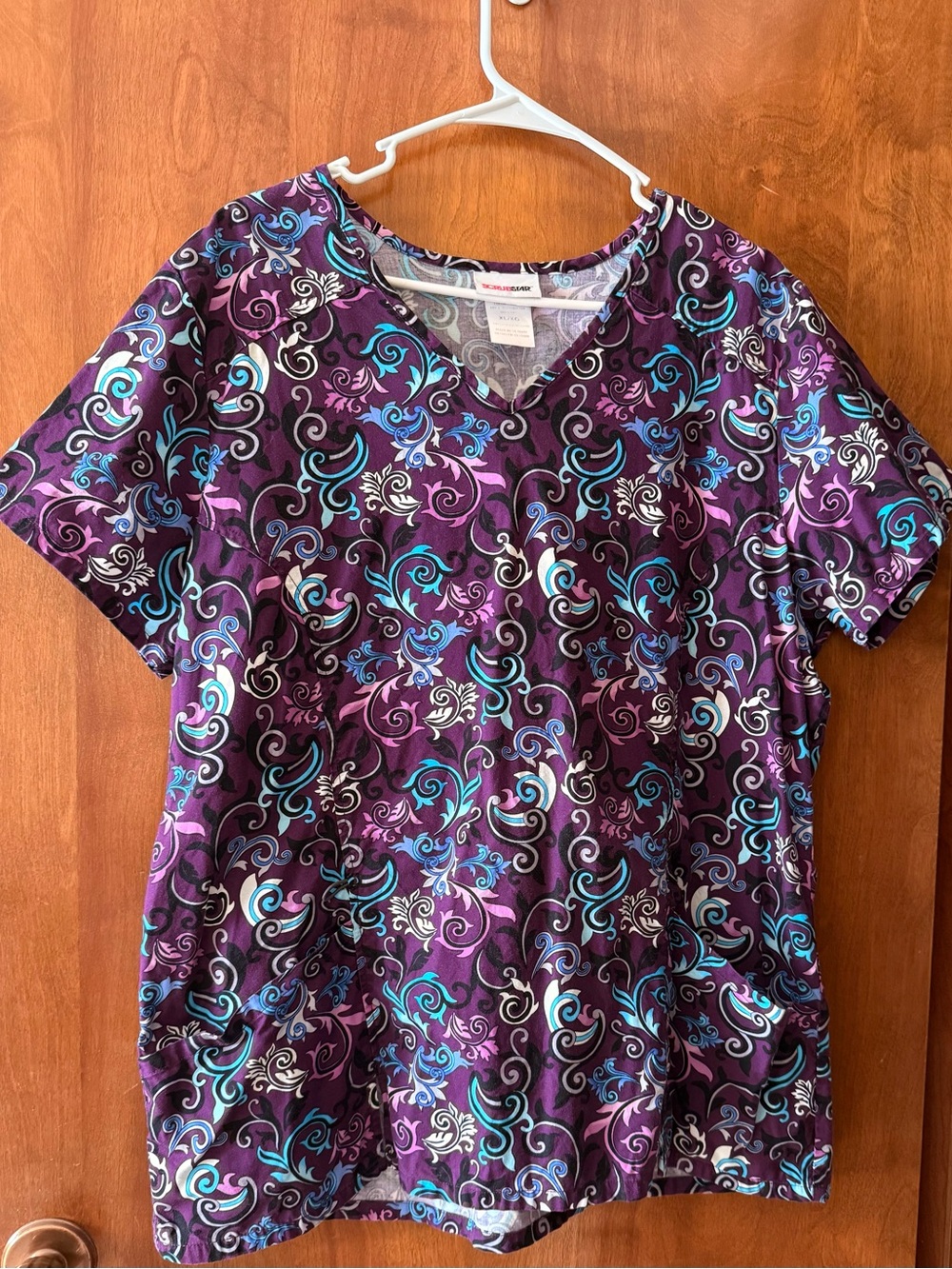 Scrubstar Purple Floral-Scroll V-Neck Short Sleeve Top